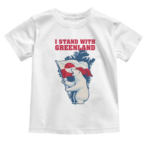 I Stand With Greenland Patriotic Toddler T Shirt Polar Bear Holding Flag Over Map TS02 White Print Your Wear