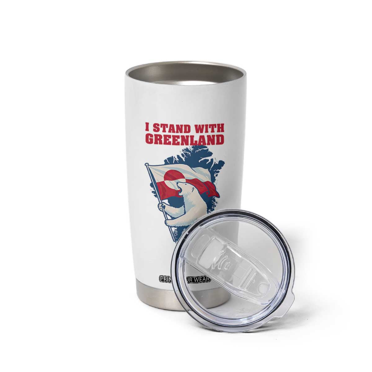 I Stand With Greenland Patriotic Tumbler Cup Polar Bear Holding Flag Over Map TS02 Print Your Wear