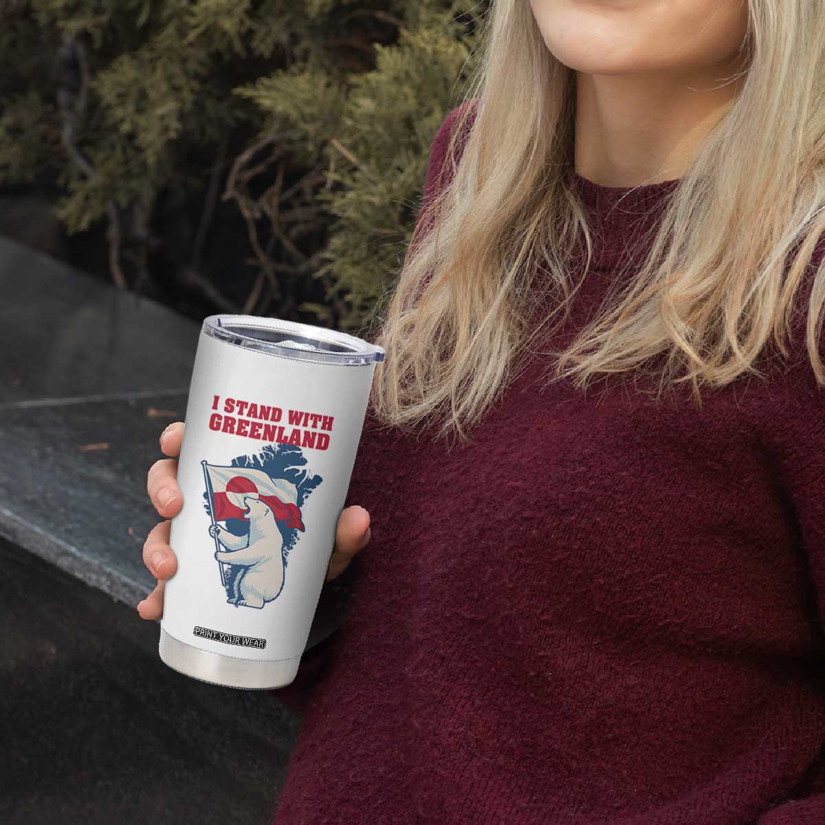 I Stand With Greenland Patriotic Tumbler Cup Polar Bear Holding Flag Over Map TS02 Print Your Wear