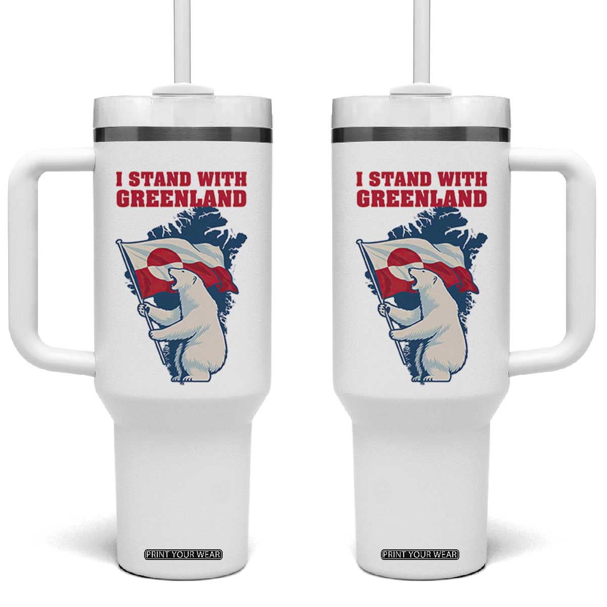 I Stand With Greenland Patriotic Tumbler With Handle Polar Bear Holding Flag Over Map TS02 One Size: 40 oz White Print Your Wear