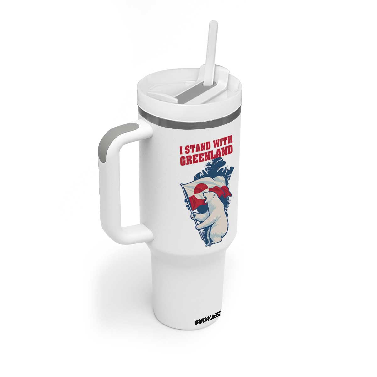 I Stand With Greenland Patriotic Tumbler With Handle Polar Bear Holding Flag Over Map TS02 Print Your Wear