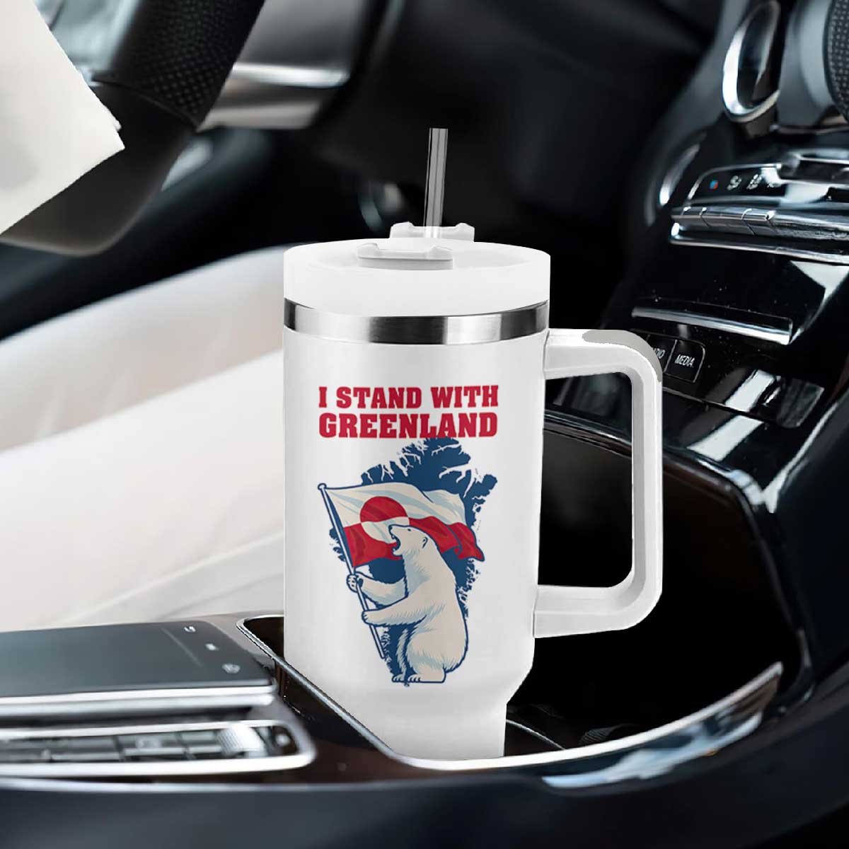 I Stand With Greenland Patriotic Tumbler With Handle Polar Bear Holding Flag Over Map TS02 Print Your Wear