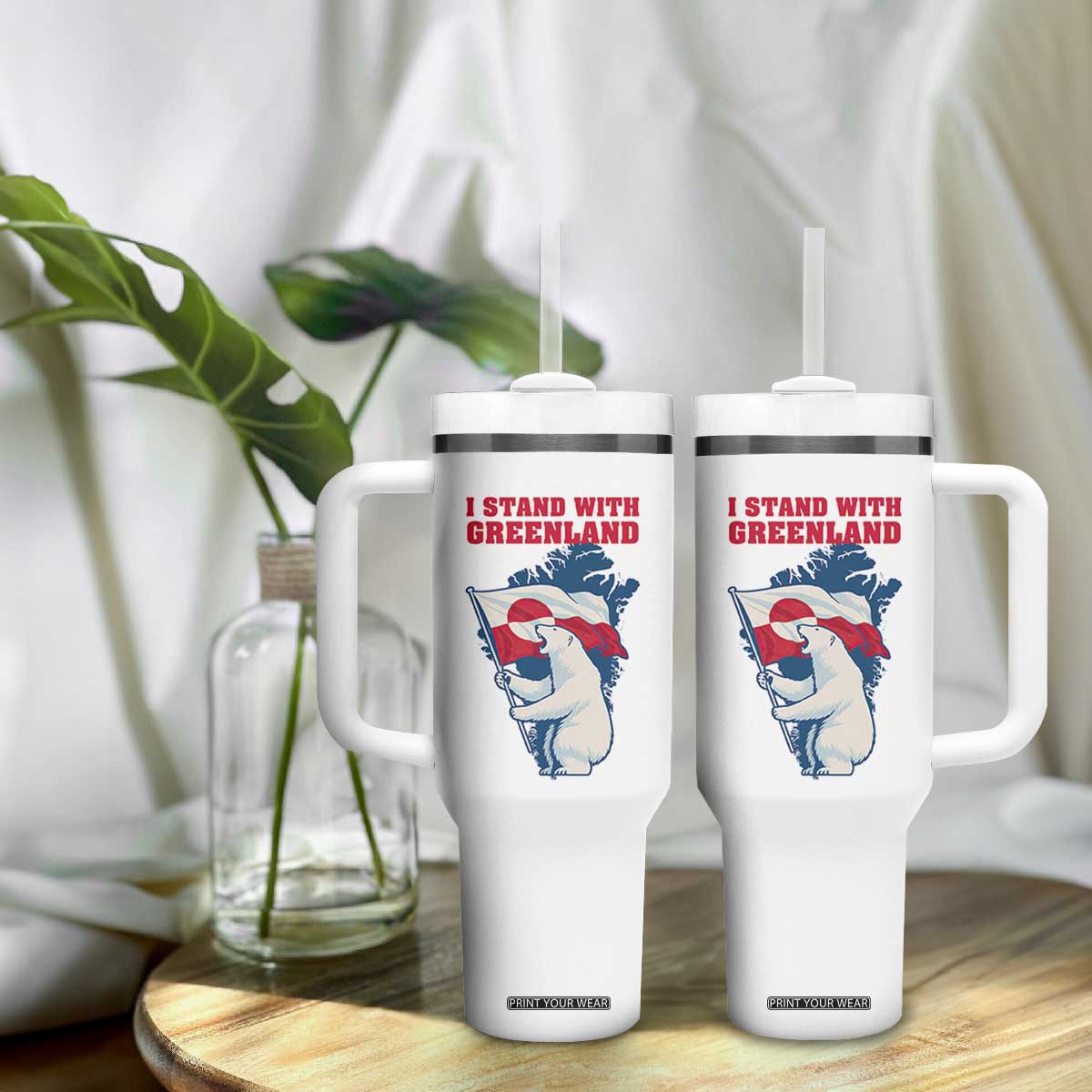 I Stand With Greenland Patriotic Tumbler With Handle Polar Bear Holding Flag Over Map TS02 Print Your Wear