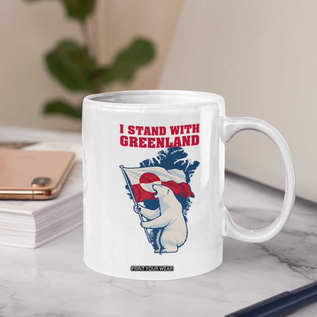 I Stand With Greenland Patriotic Coffee Mug Polar Bear Holding Flag Over Map TS02 Print Your Wear