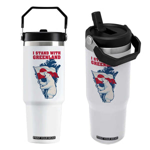 I Stand With Greenland Patriotic Flip Straw Tumbler Polar Bear Holding Flag Over Map TS02 One Size: 30 oz White Print Your Wear
