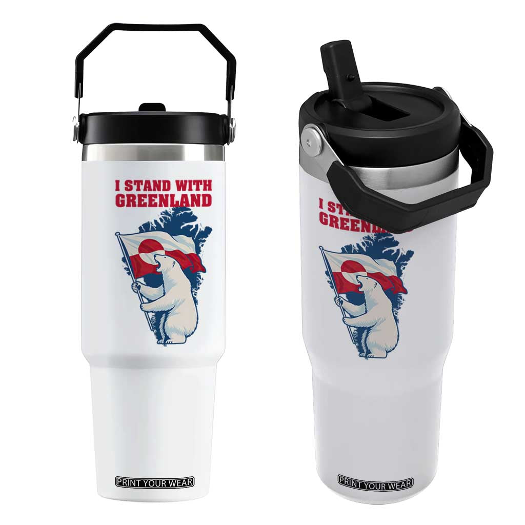 I Stand With Greenland Patriotic Flip Straw Tumbler Polar Bear Holding Flag Over Map TS02 One Size: 30 oz White Print Your Wear
