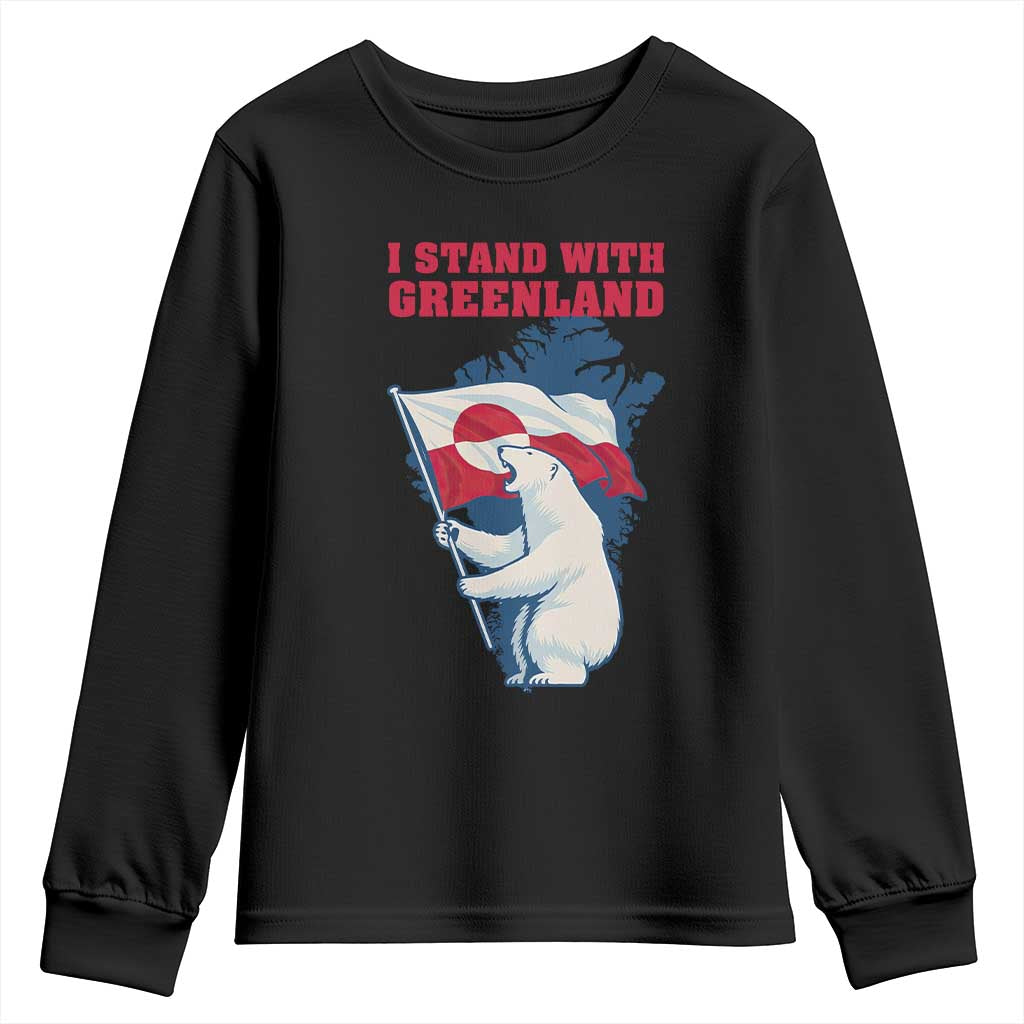 I Stand With Greenland Patriotic Youth Sweatshirt Polar Bear Holding Flag Over Map TS02 Black Print Your Wear