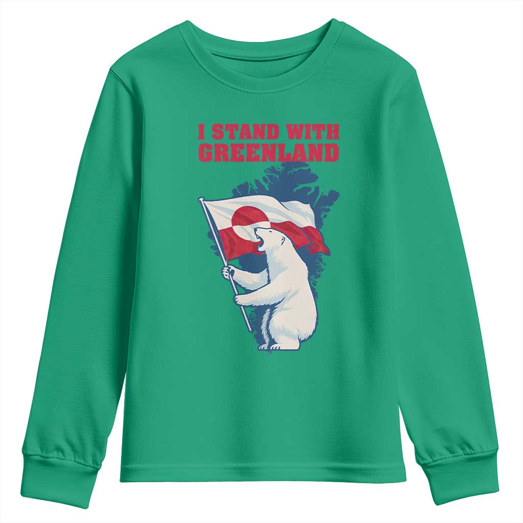 I Stand With Greenland Patriotic Youth Sweatshirt Polar Bear Holding Flag Over Map TS02 Irish Green Print Your Wear
