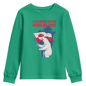 I Stand With Greenland Patriotic Youth Sweatshirt Polar Bear Holding Flag Over Map TS02 Irish Green Print Your Wear
