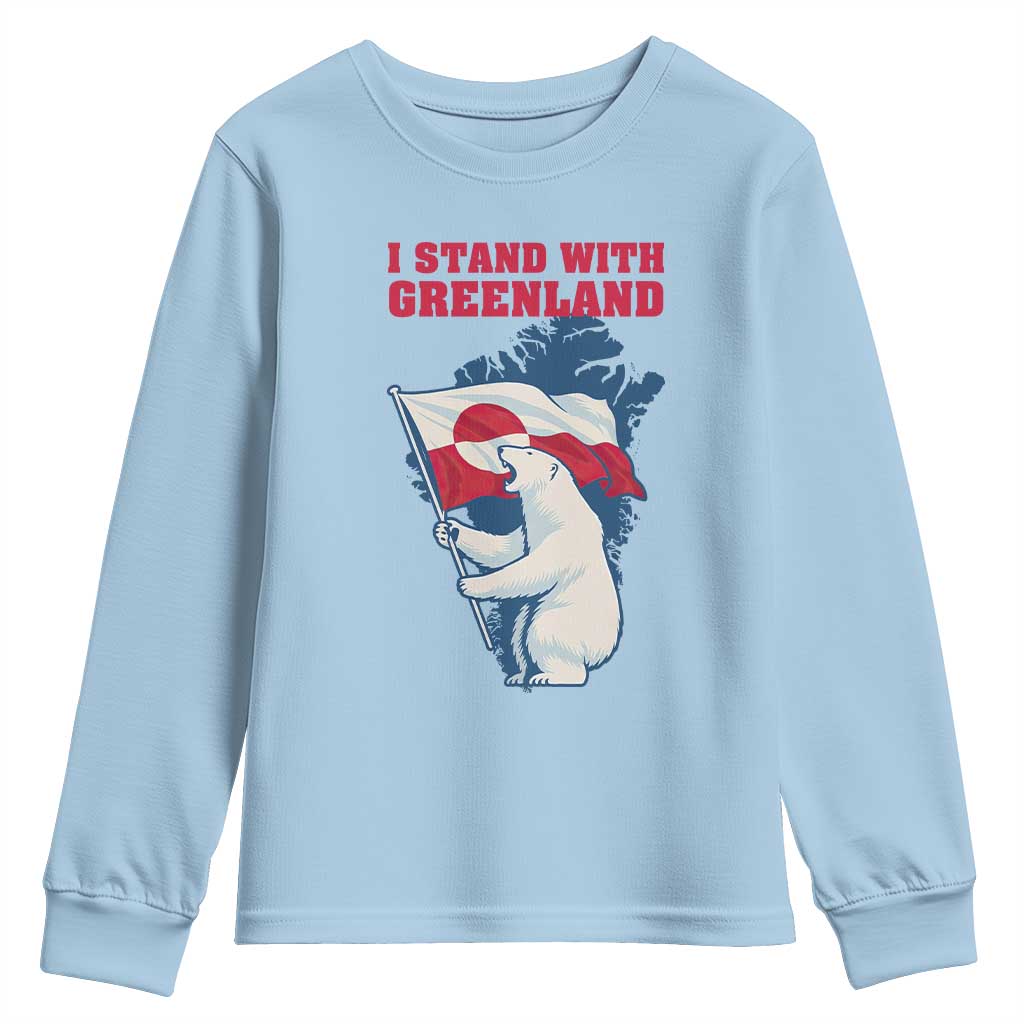 I Stand With Greenland Patriotic Youth Sweatshirt Polar Bear Holding Flag Over Map TS02 Light Blue Print Your Wear
