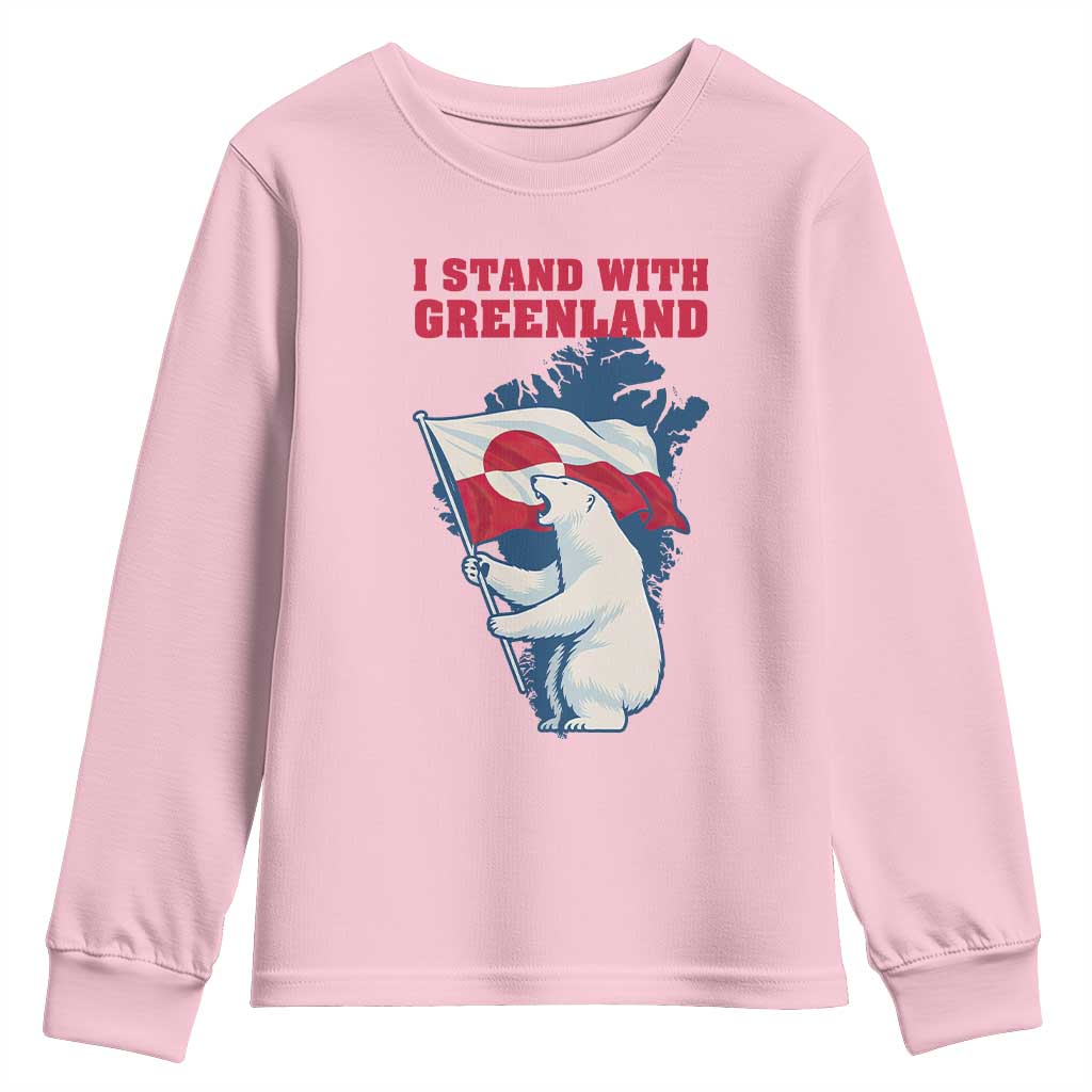 I Stand With Greenland Patriotic Youth Sweatshirt Polar Bear Holding Flag Over Map TS02 Light Pink Print Your Wear
