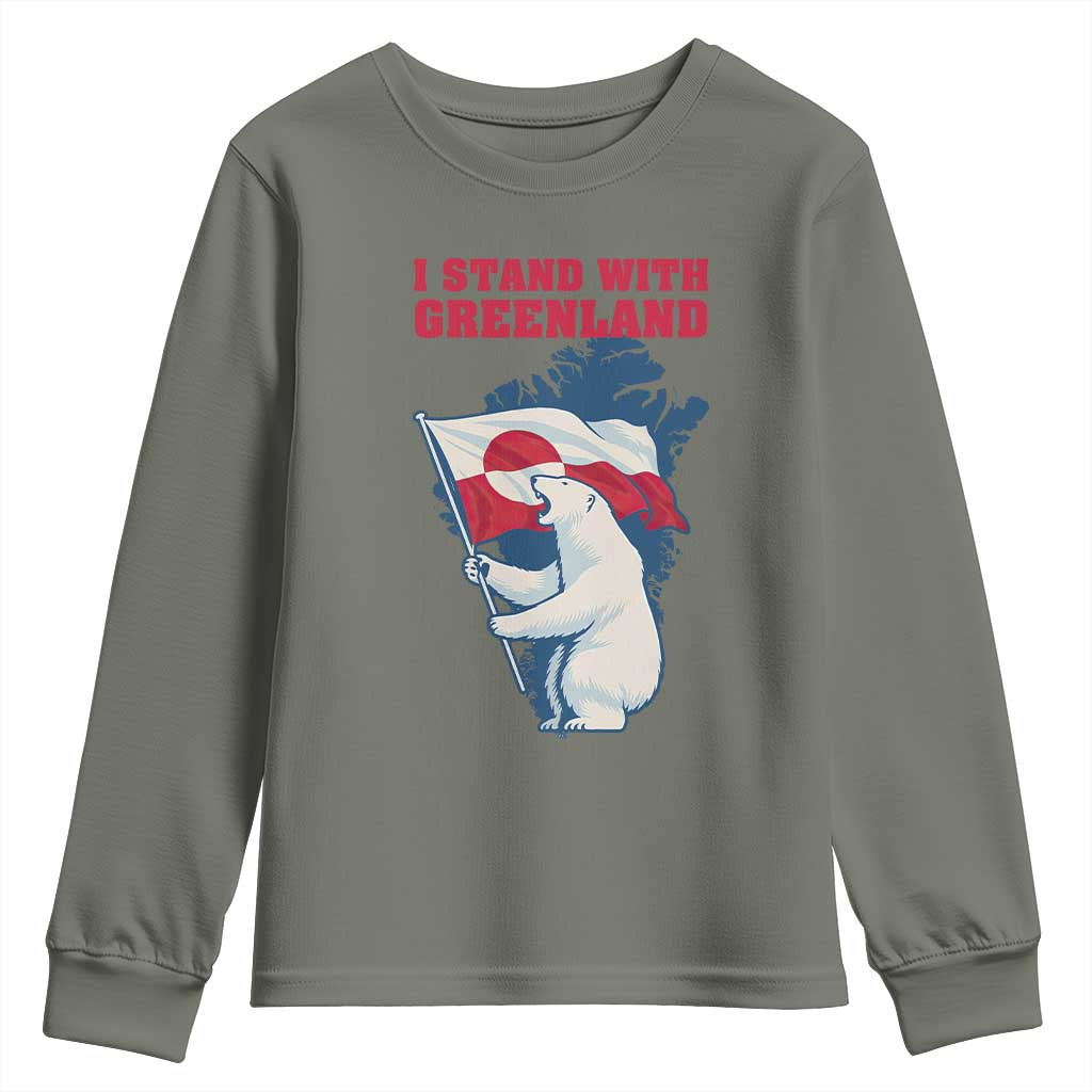 I Stand With Greenland Patriotic Youth Sweatshirt Polar Bear Holding Flag Over Map TS02 Military Green Print Your Wear