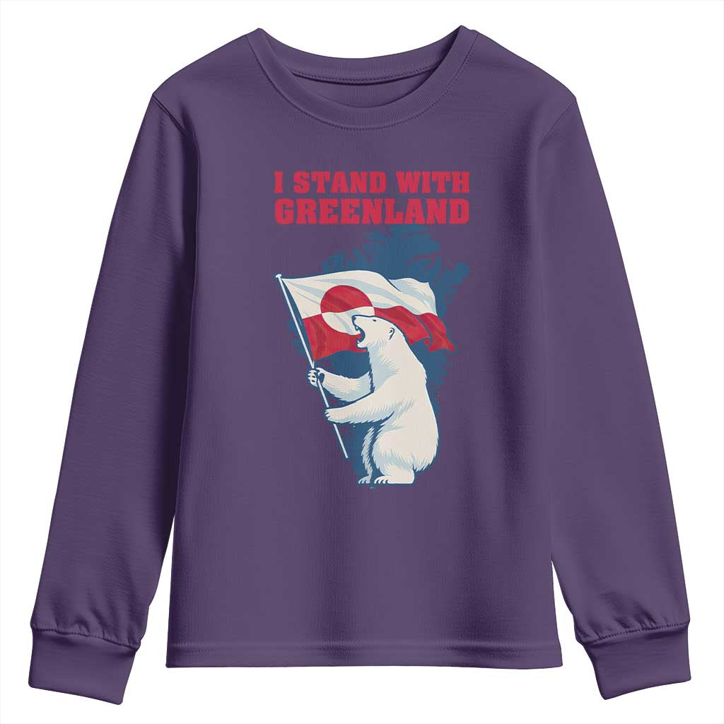 I Stand With Greenland Patriotic Youth Sweatshirt Polar Bear Holding Flag Over Map TS02 Purple Print Your Wear