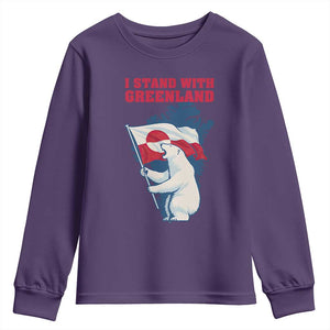 I Stand With Greenland Patriotic Youth Sweatshirt Polar Bear Holding Flag Over Map TS02 Purple Print Your Wear