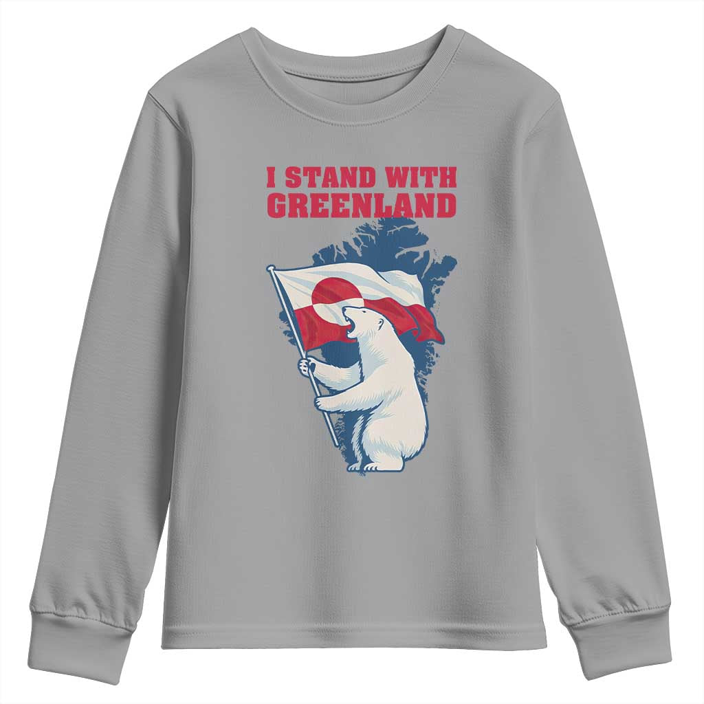 I Stand With Greenland Patriotic Youth Sweatshirt Polar Bear Holding Flag Over Map TS02 Sport Gray Print Your Wear