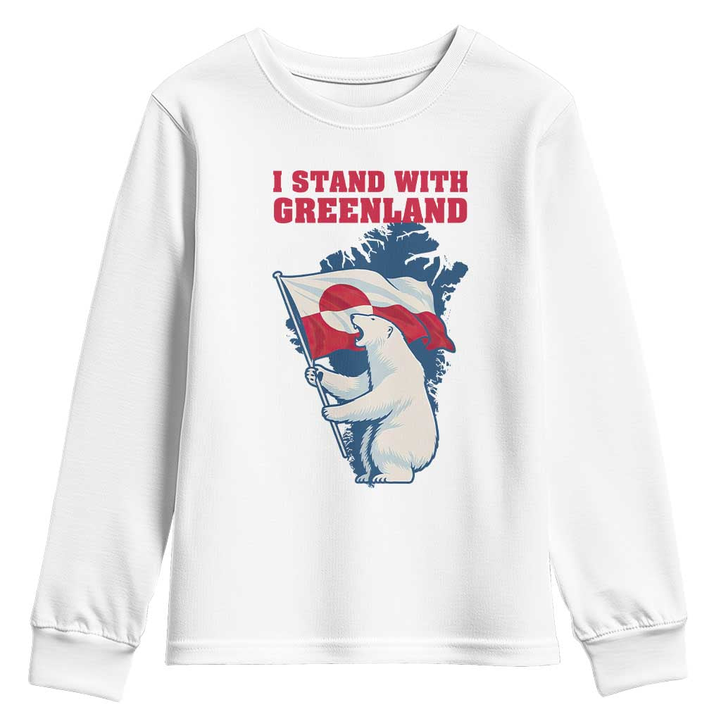 I Stand With Greenland Patriotic Youth Sweatshirt Polar Bear Holding Flag Over Map TS02 White Print Your Wear