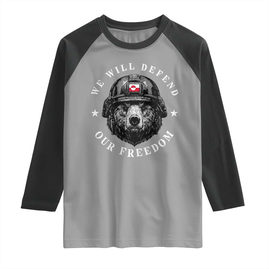 Greenland Bear We Will Defend Our Freedom Raglan Shirt Polar Bear Soldier National Pride TS02 Sport Gray Black Print Your Wear