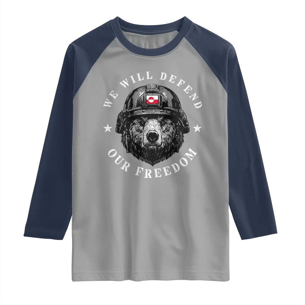 Greenland Bear We Will Defend Our Freedom Raglan Shirt Polar Bear Soldier National Pride TS02 Sport Gray Navy Print Your Wear