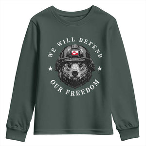 Greenland Bear We Will Defend Our Freedom Youth Sweatshirt Polar Bear Soldier National Pride TS02 Dark Forest Green Print Your Wear