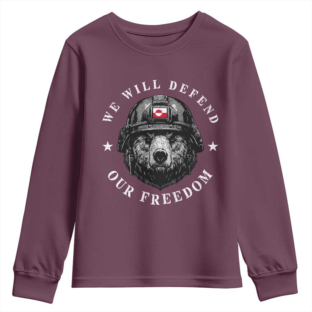 Greenland Bear We Will Defend Our Freedom Youth Sweatshirt Polar Bear Soldier National Pride TS02 Maroon Print Your Wear