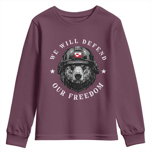Greenland Bear We Will Defend Our Freedom Youth Sweatshirt Polar Bear Soldier National Pride TS02 Maroon Print Your Wear