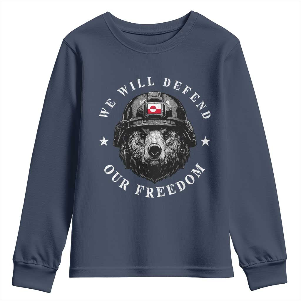 Greenland Bear We Will Defend Our Freedom Youth Sweatshirt Polar Bear Soldier National Pride TS02 Navy Print Your Wear