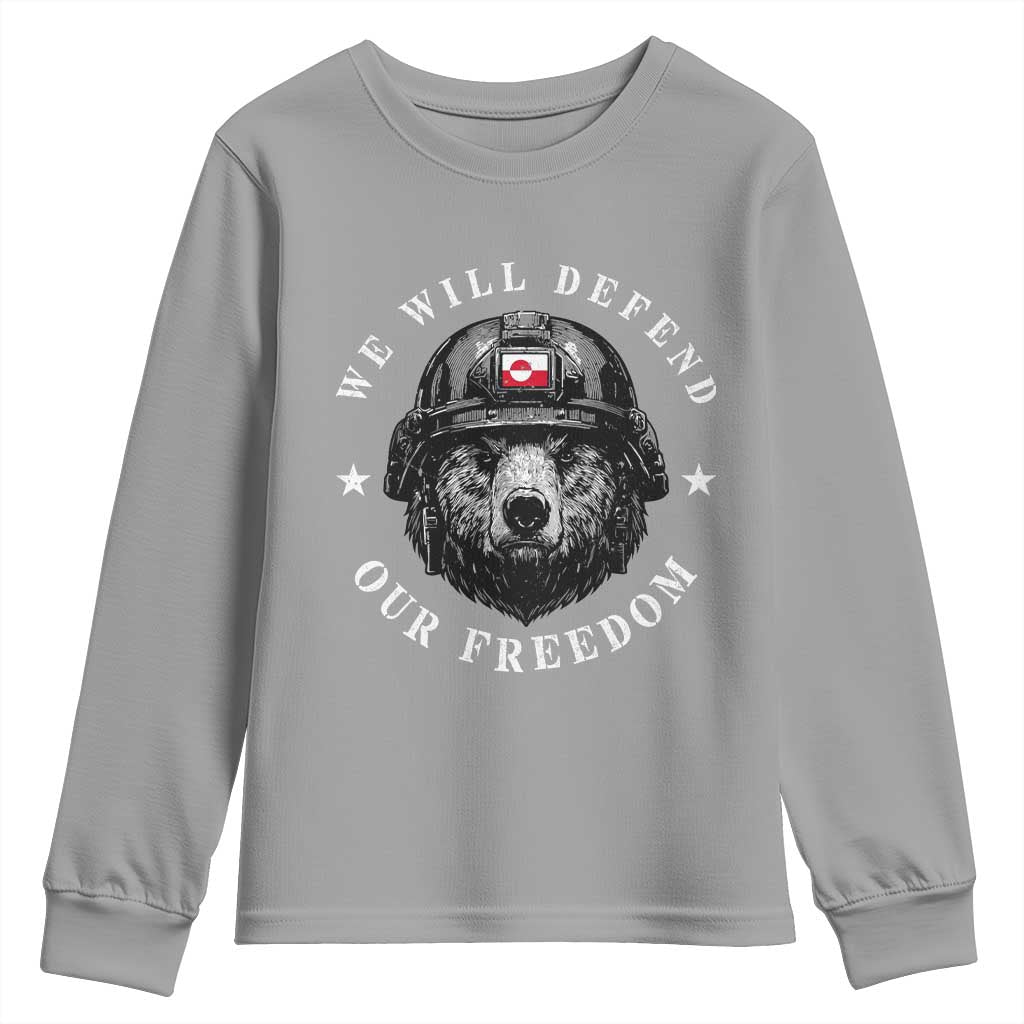 Greenland Bear We Will Defend Our Freedom Youth Sweatshirt Polar Bear Soldier National Pride TS02 Sport Gray Print Your Wear