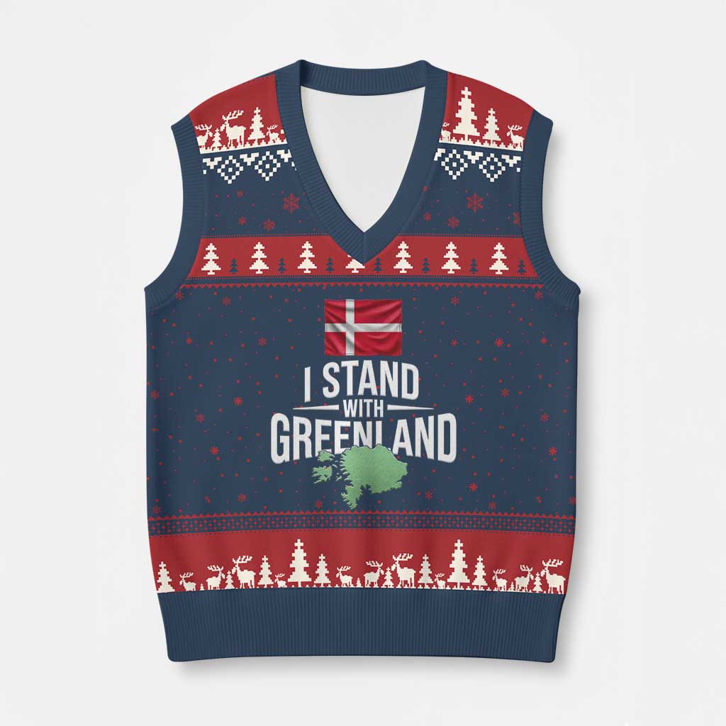 Denmark I Stand With Greenland V-Neck Knit Sweater Vest Danish Flag and Map Unity Support Protest TS02 Navy Red Print Your Wear