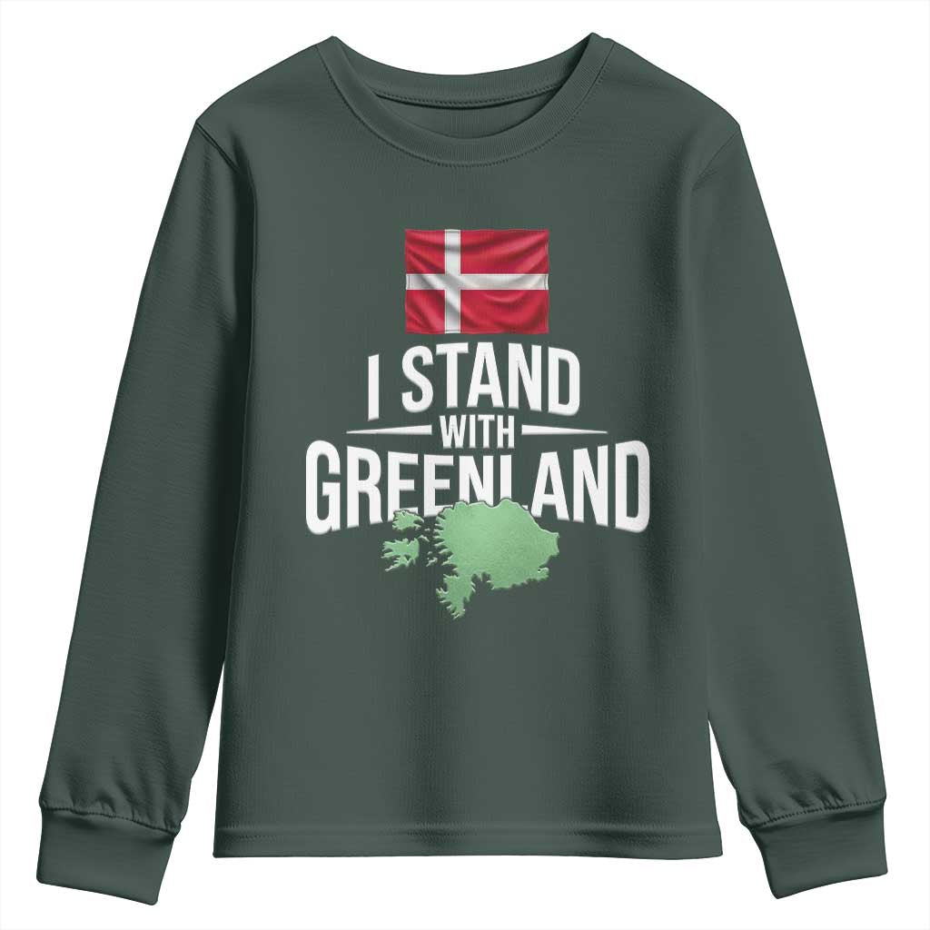 Denmark I Stand With Greenland Youth Sweatshirt Danish Flag and Map Unity Support Protest TS02 Dark Forest Green Print Your Wear