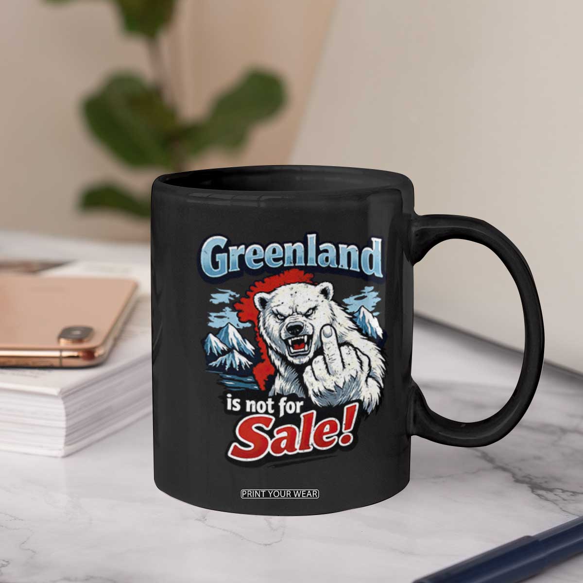 Greenland Is Not For Sale Protest Coffee Mug Aggressive Polar Bear with Middle Finger Graphic TS02 Print Your Wear