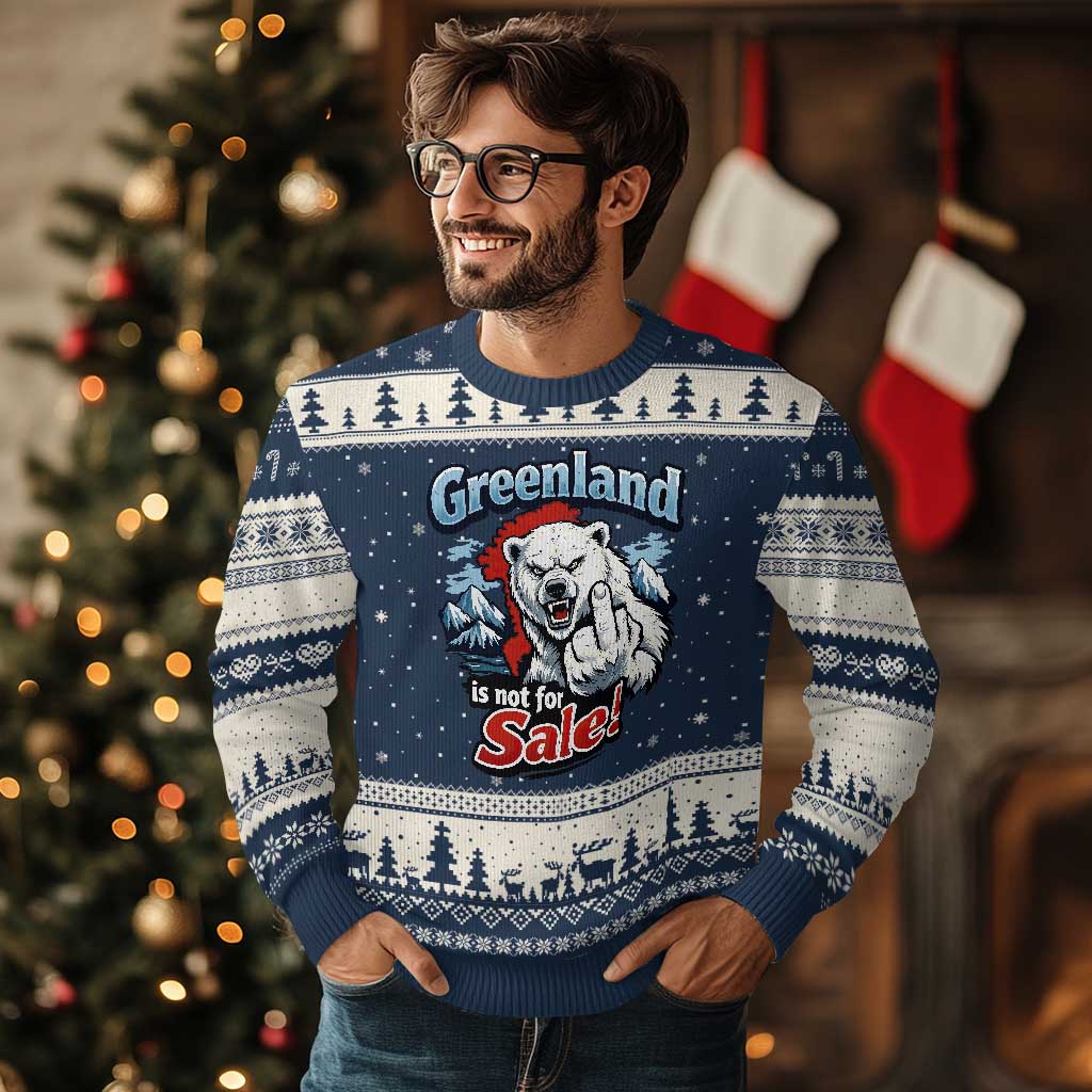 Greenland Is Not For Sale Protest Ugly Christmas Sweater Aggressive Polar Bear with Middle Finger Graphic TS02 Navy Beige Print Your Wear