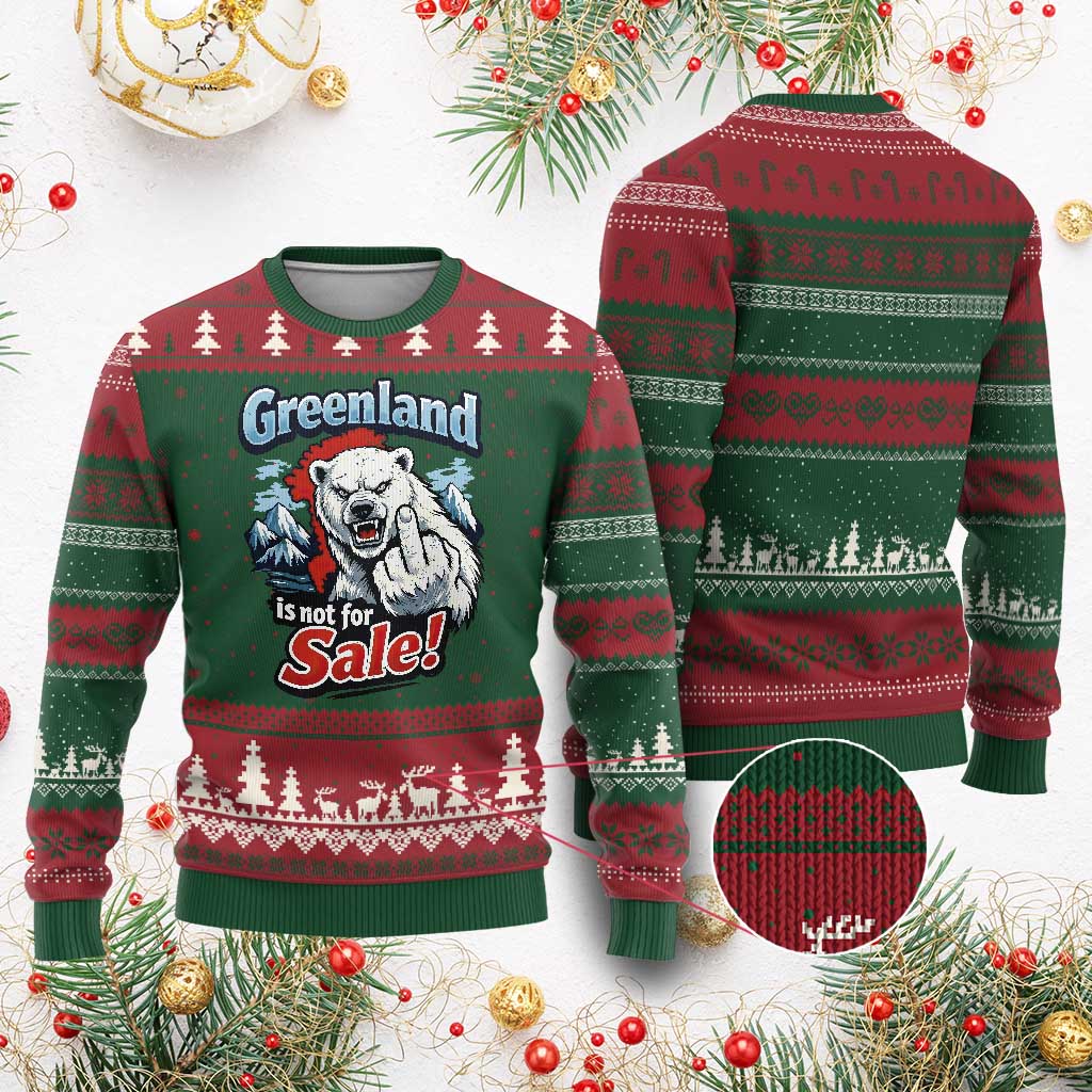 Greenland Is Not For Sale Protest Ugly Christmas Sweater Aggressive Polar Bear with Middle Finger Graphic TS02 Red Green Print Your Wear