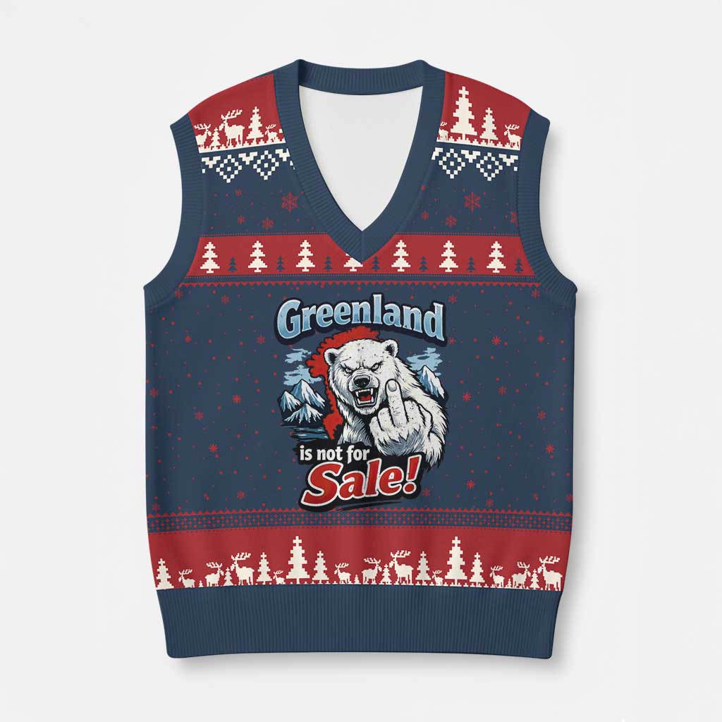 Greenland Is Not For Sale Protest V-Neck Knit Sweater Vest Aggressive Polar Bear with Middle Finger Graphic TS02 Navy Red Print Your Wear