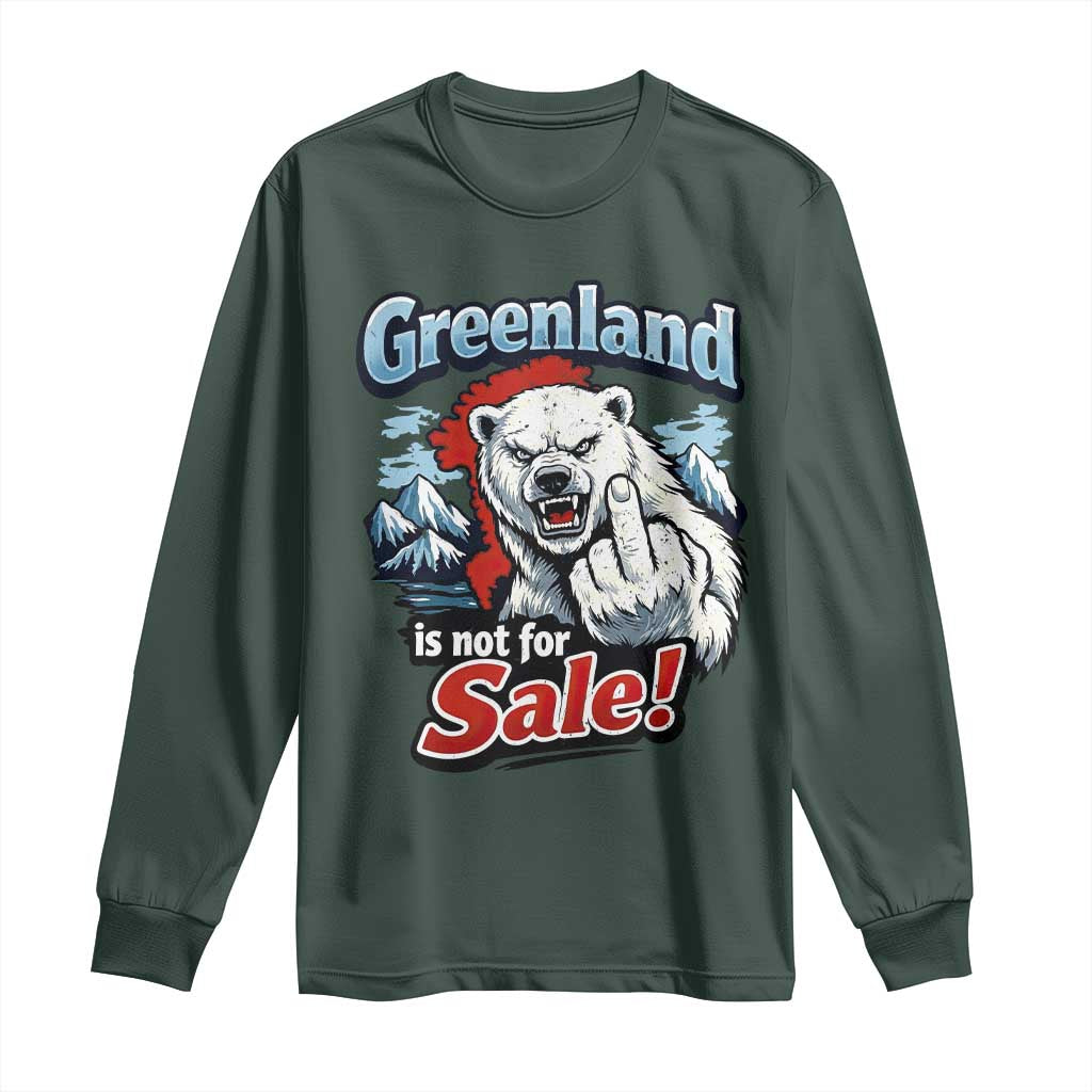 Greenland Is Not For Sale Protest Long Sleeve Shirt Aggressive Polar Bear with Middle Finger Graphic TS02 Dark Forest Green Print Your Wear