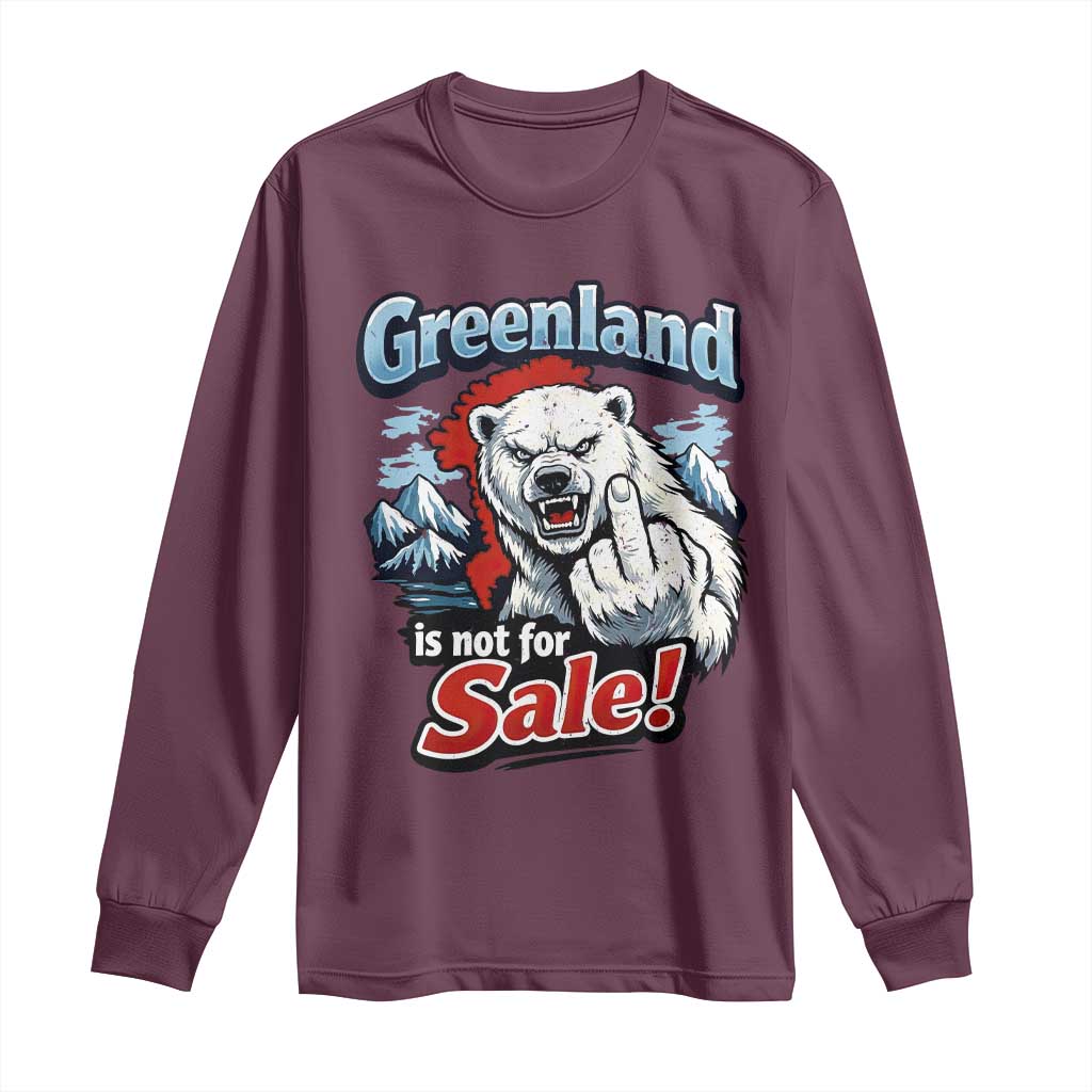 Greenland Is Not For Sale Protest Long Sleeve Shirt Aggressive Polar Bear with Middle Finger Graphic TS02 Maroon Print Your Wear