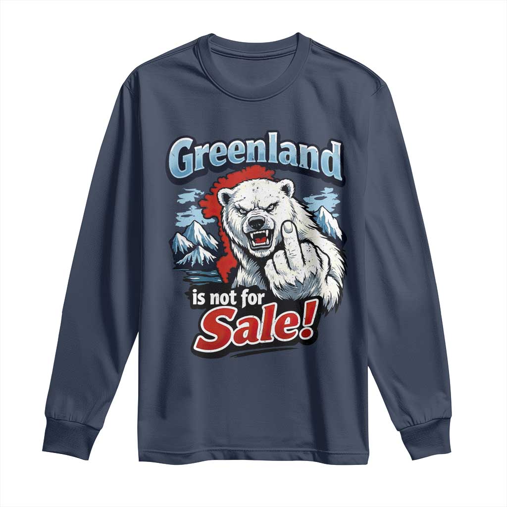 Greenland Is Not For Sale Protest Long Sleeve Shirt Aggressive Polar Bear with Middle Finger Graphic TS02 Navy Print Your Wear