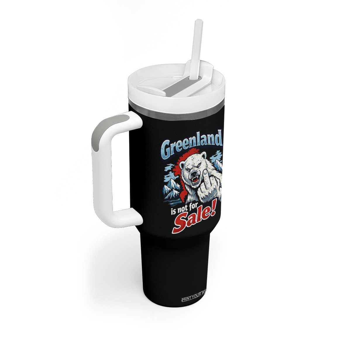 Greenland Is Not For Sale Protest Tumbler With Handle Aggressive Polar Bear with Middle Finger Graphic TS02 Print Your Wear