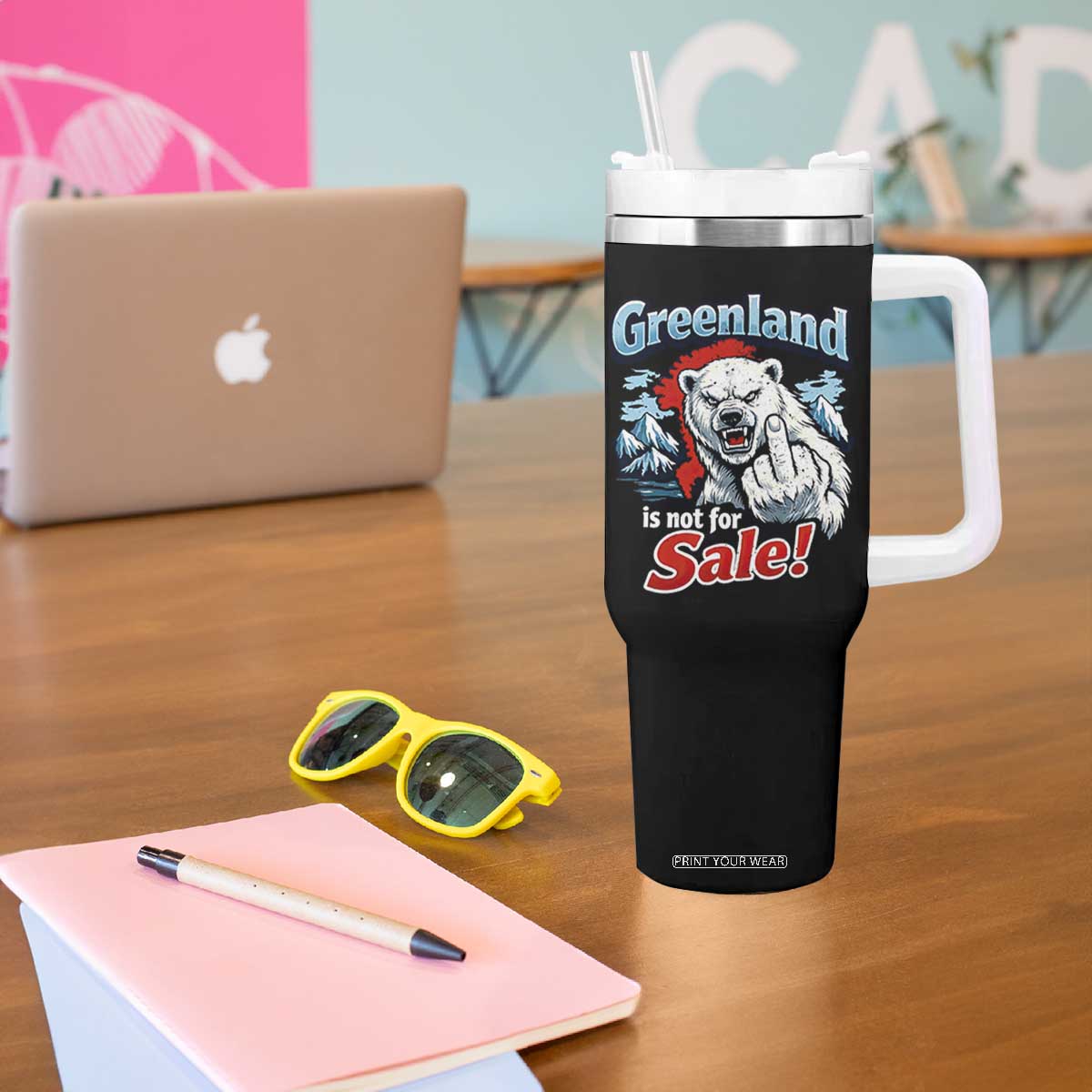 Greenland Is Not For Sale Protest Tumbler With Handle Aggressive Polar Bear with Middle Finger Graphic TS02 Print Your Wear