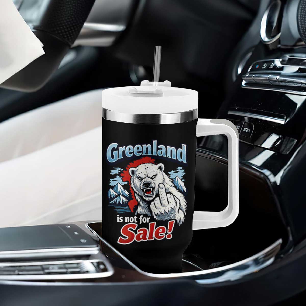 Greenland Is Not For Sale Protest Tumbler With Handle Aggressive Polar Bear with Middle Finger Graphic TS02 Print Your Wear