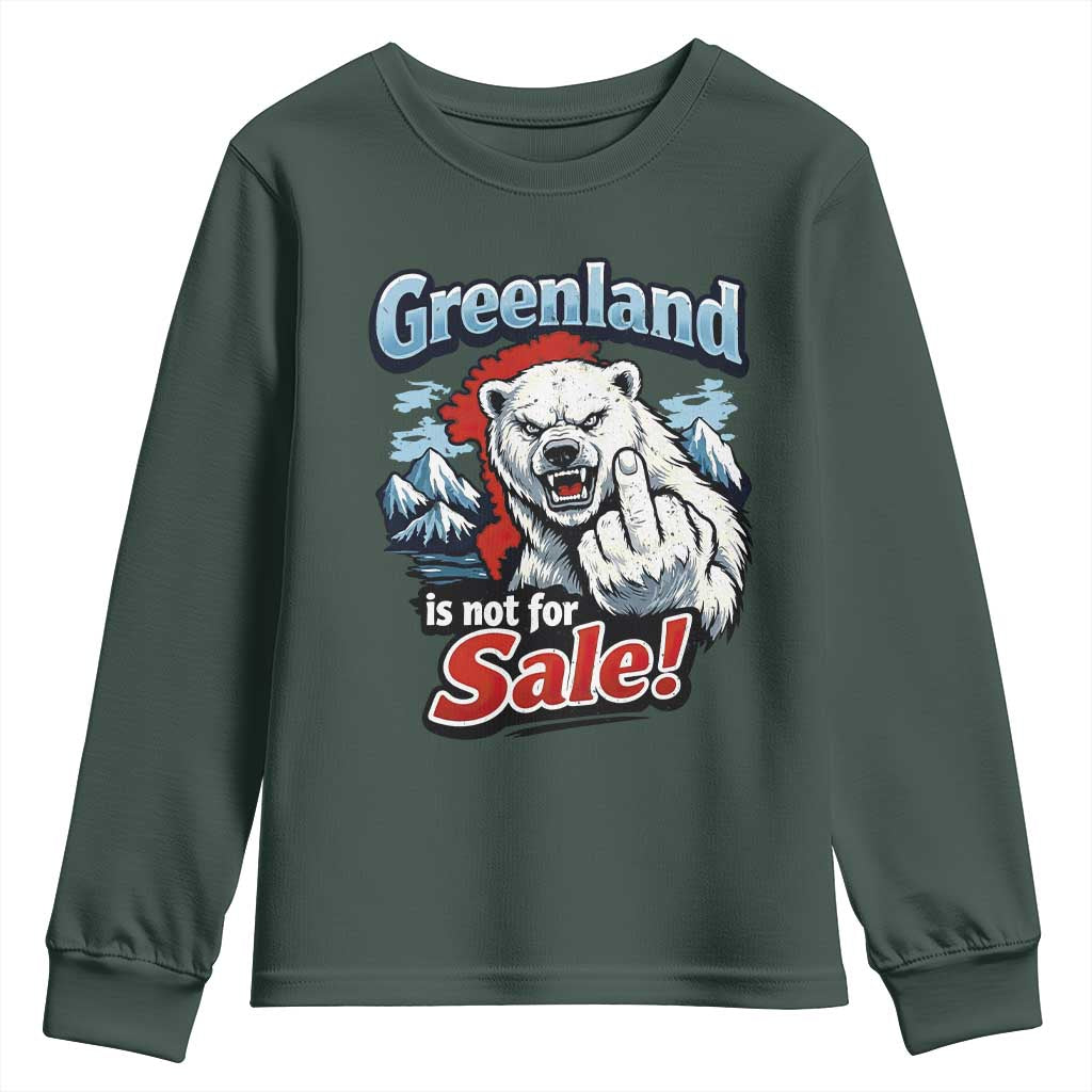 Greenland Is Not For Sale Protest Youth Sweatshirt Aggressive Polar Bear with Middle Finger Graphic TS02 Dark Forest Green Print Your Wear
