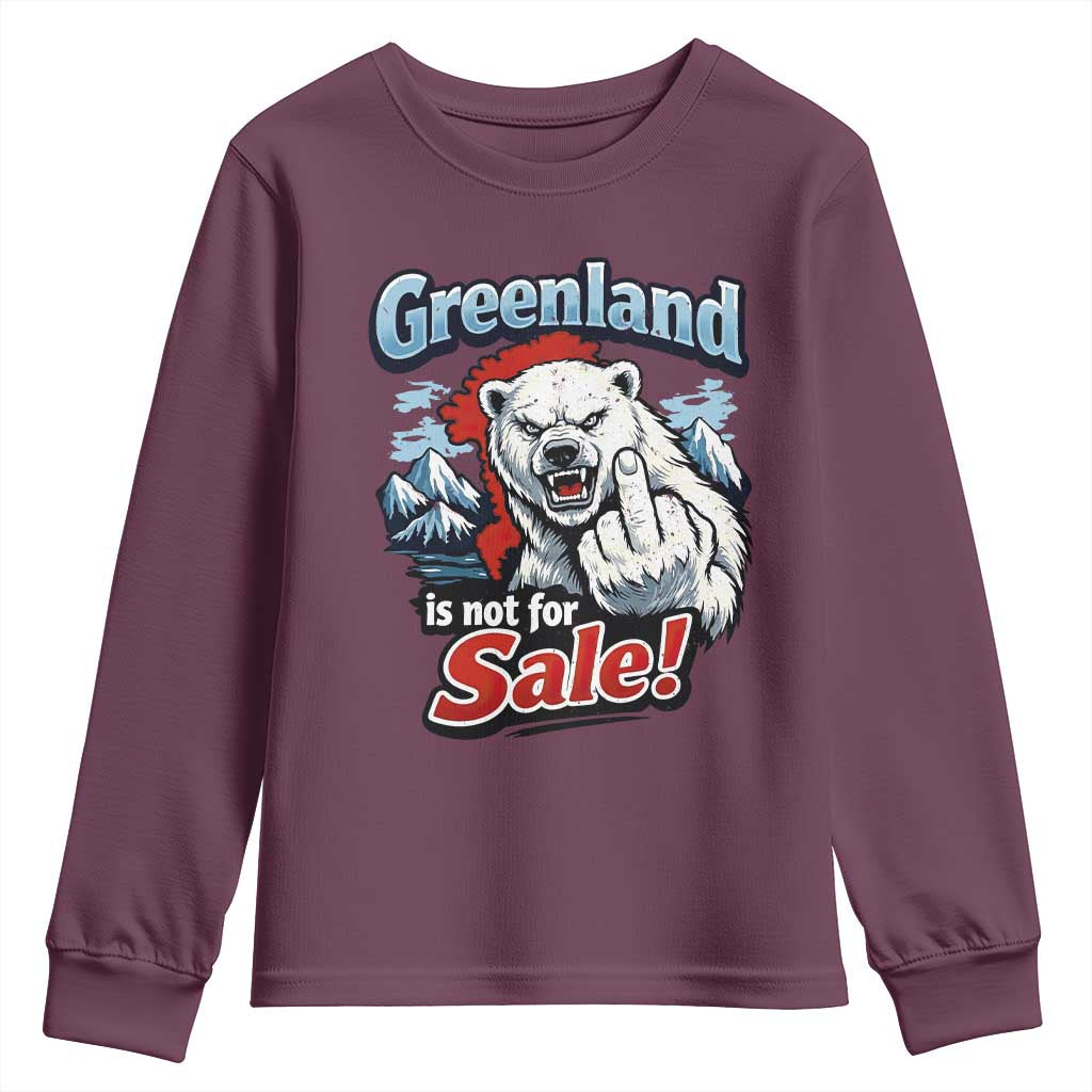 Greenland Is Not For Sale Protest Youth Sweatshirt Aggressive Polar Bear with Middle Finger Graphic TS02 Maroon Print Your Wear