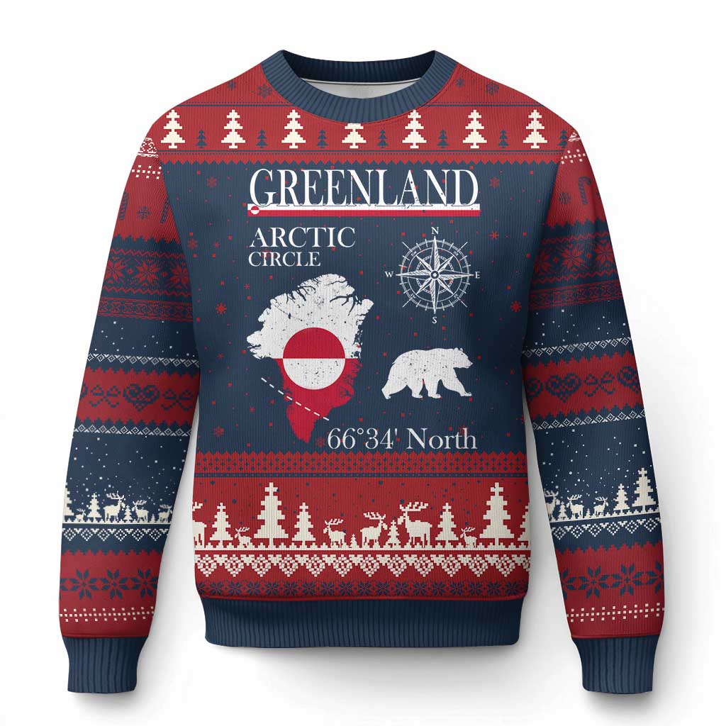 Greenland Arctic Circle Ugly Christmas Sweater Map Compass and Polar Bear Adventure TS02 Navy Red Print Your Wear