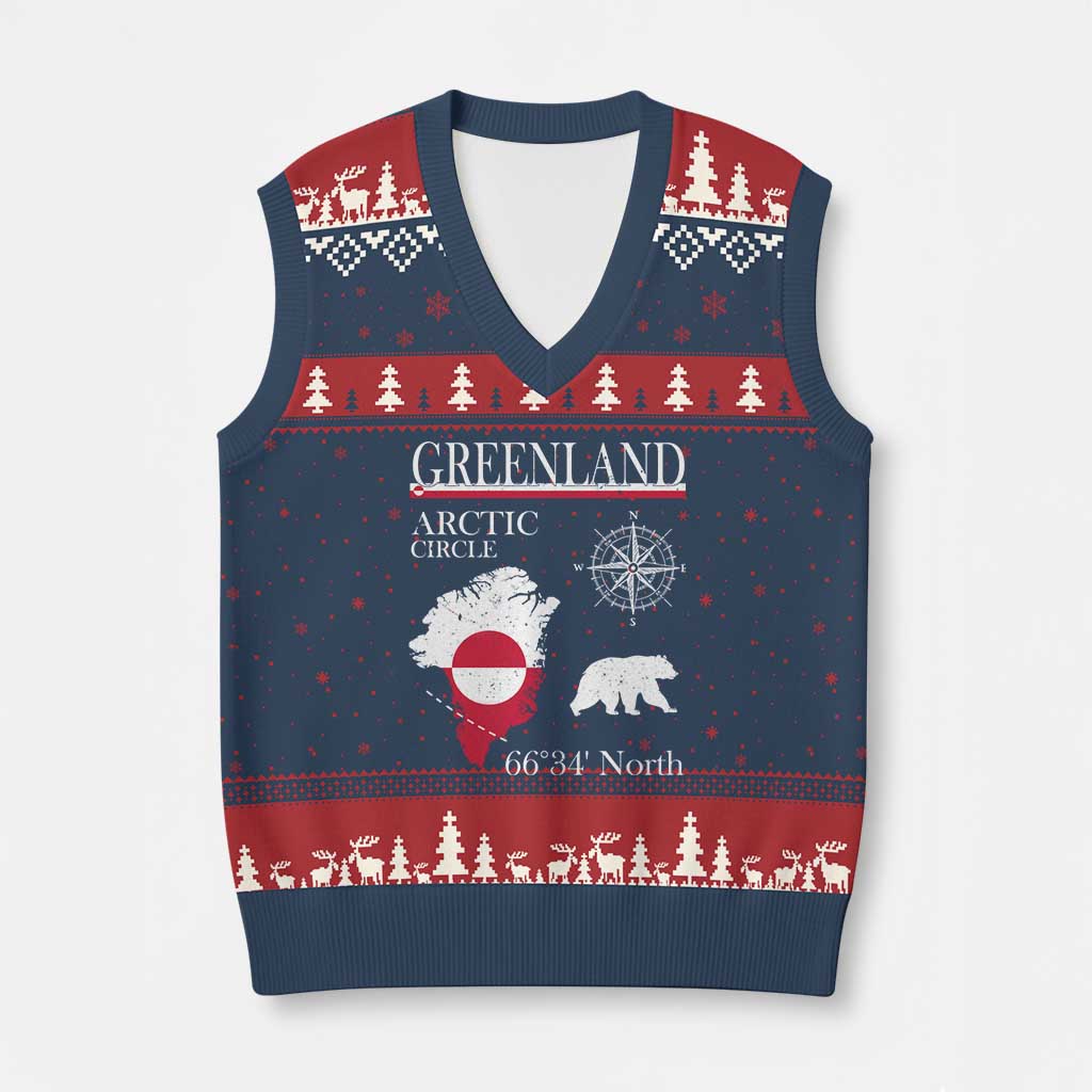 Greenland Arctic Circle V-Neck Knit Sweater Vest Map Compass and Polar Bear Adventure TS02 Navy Red Print Your Wear