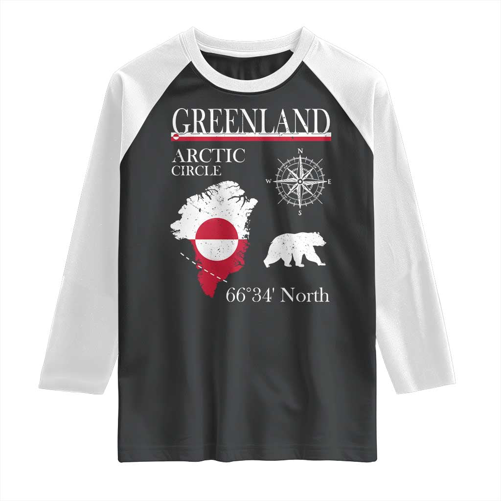 Greenland Arctic Circle Raglan Shirt Map Compass and Polar Bear Adventure TS02 Black White Print Your Wear