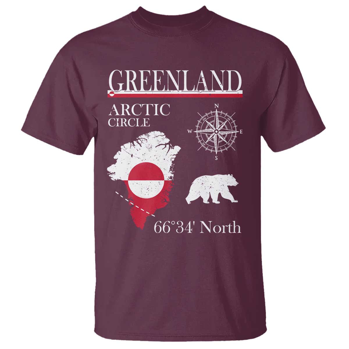 Greenland Arctic Circle T Shirt Map Compass and Polar Bear Adventure TS02 Maroon Print Your Wear