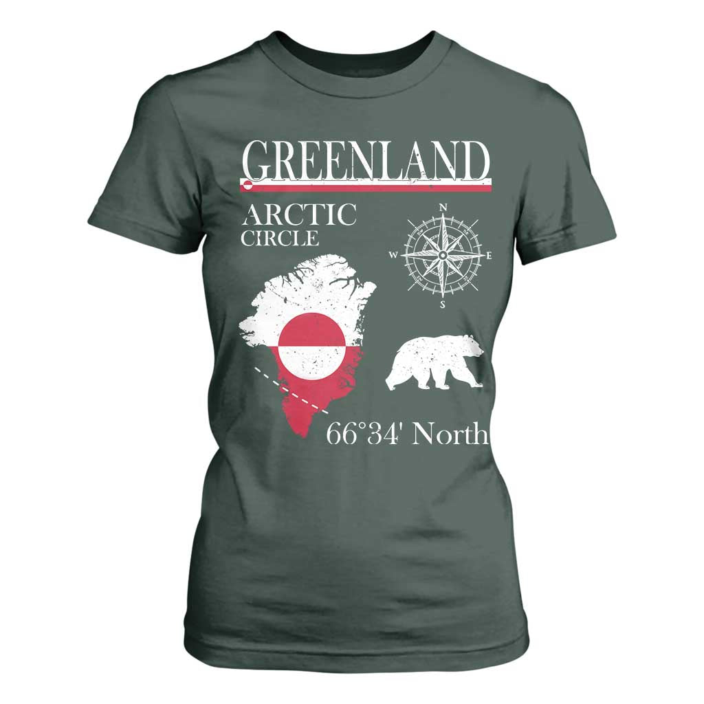 Greenland Arctic Circle T Shirt For Women Map Compass and Polar Bear Adventure TS02 Dark Forest Green Print Your Wear