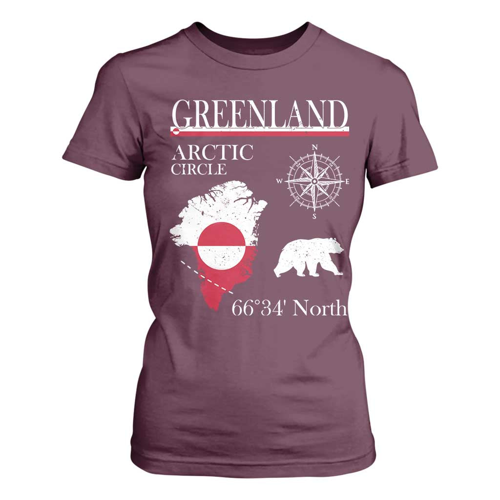 Greenland Arctic Circle T Shirt For Women Map Compass and Polar Bear Adventure TS02 Maroon Print Your Wear