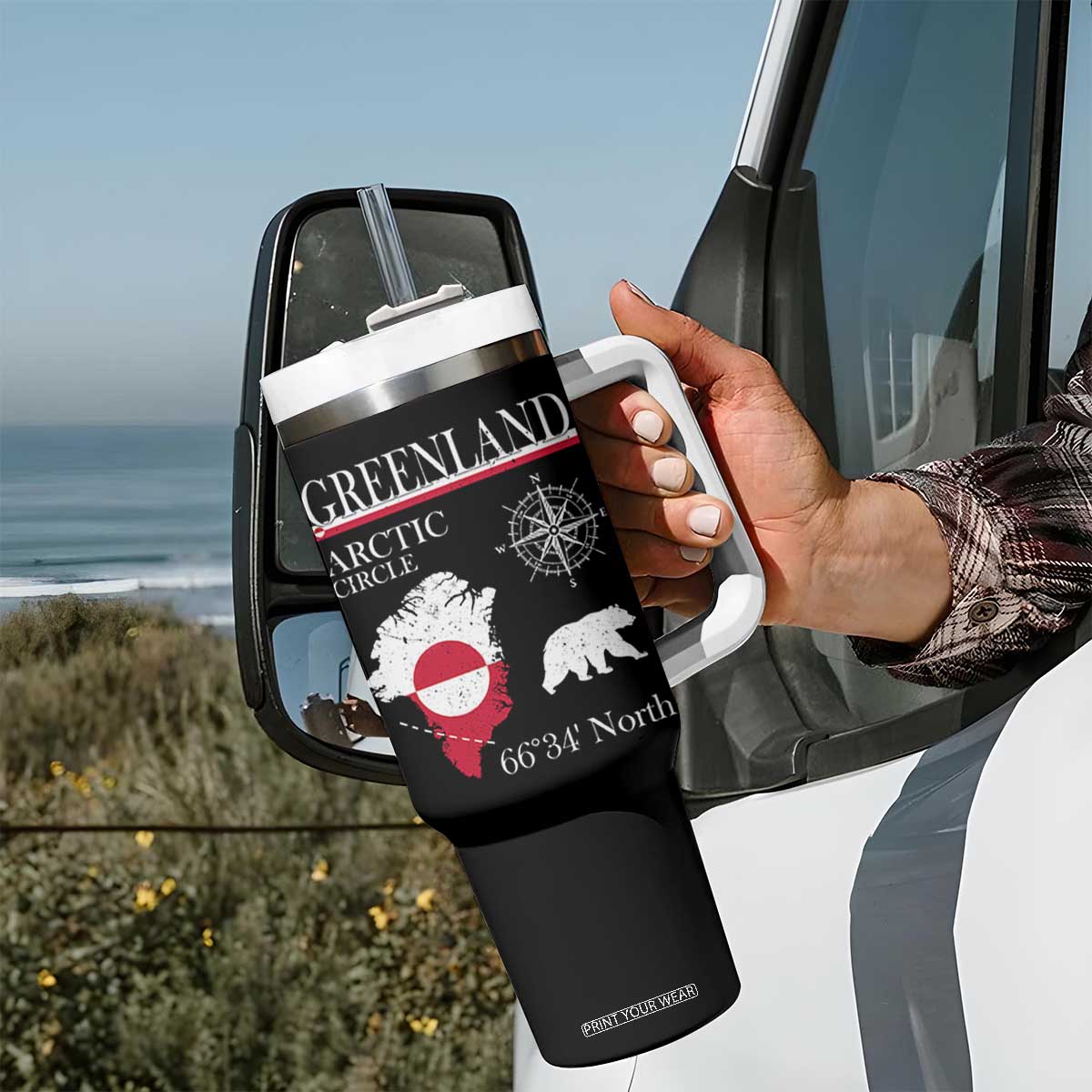 Greenland Arctic Circle Tumbler With Handle Map Compass and Polar Bear Adventure TS02 Print Your Wear