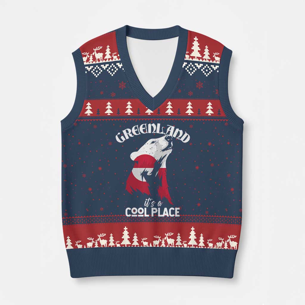 Polar Bear Greenland Flag Graphic V-Neck Knit Sweater Vest It's a Cool Place Arctic Circle TS02 Navy Red Print Your Wear
