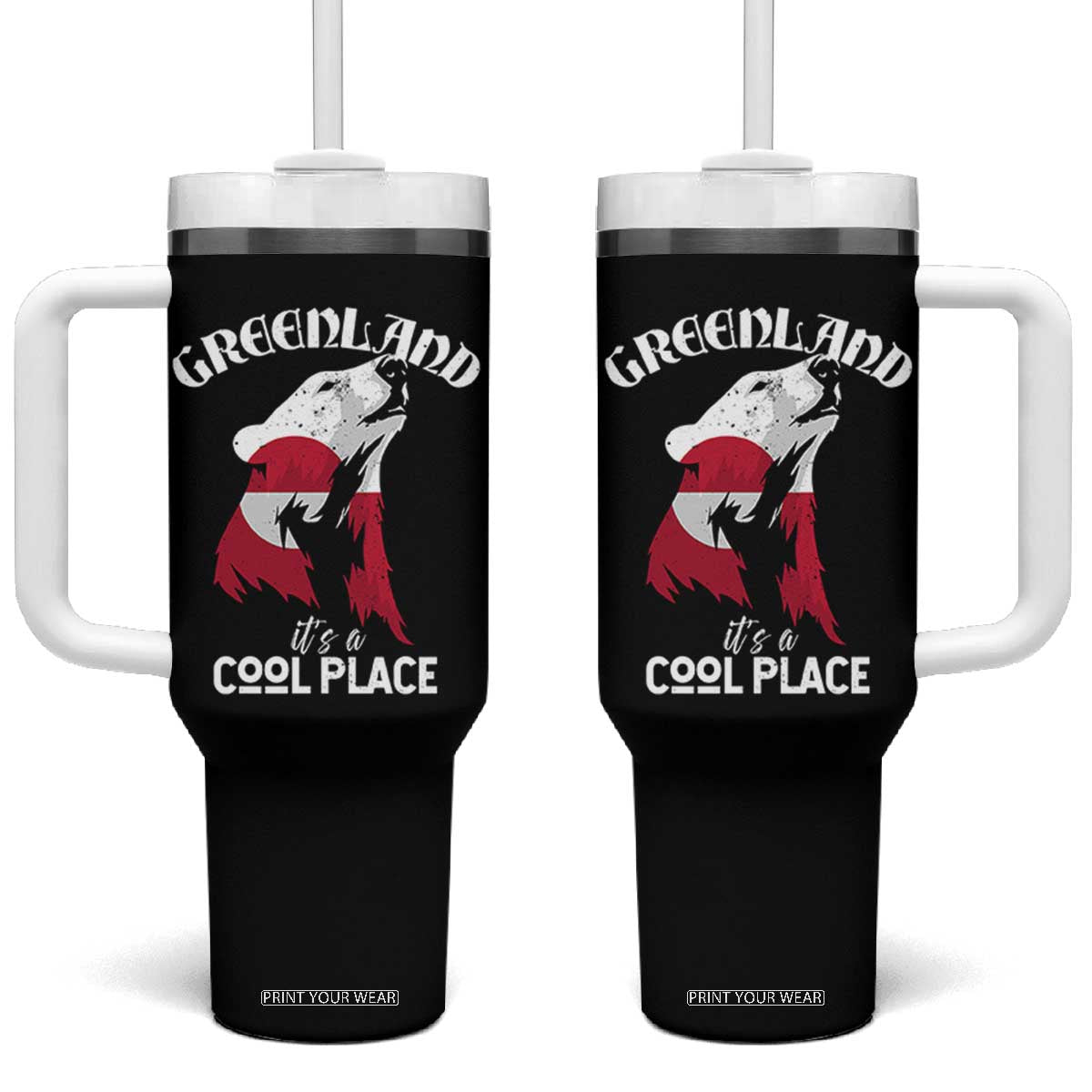 Polar Bear Greenland Flag Graphic Tumbler With Handle It's a Cool Place Arctic Circle TS02 One Size: 40 oz Black Print Your Wear